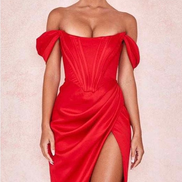Beautiful red satin fishbone evening cocktail party corset dress L - Picture 3 of 9